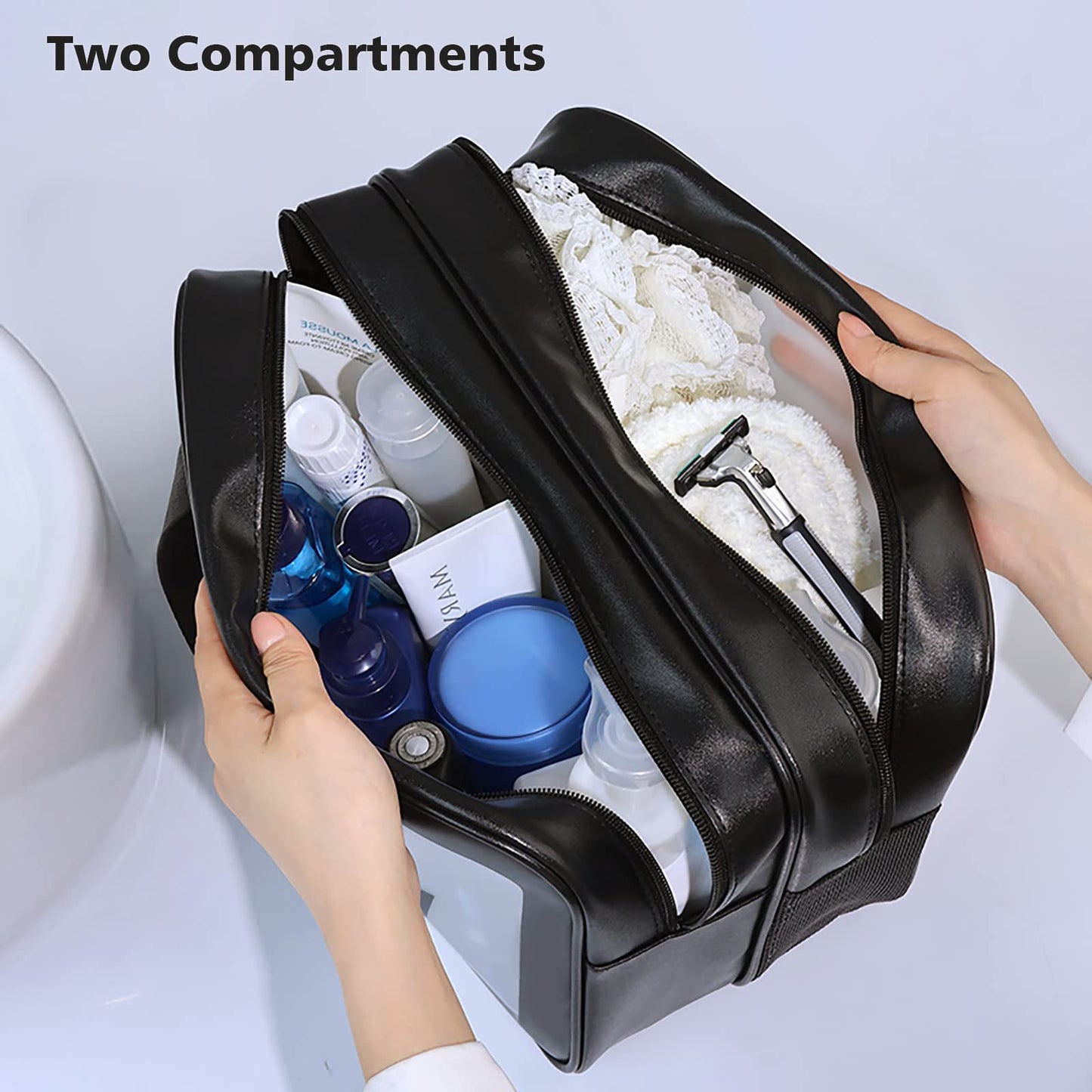 DAPOWER Travel Toiletry Bag for Women and Men, Matte Translucent Toiletry Bag with Handy Handle, Makeup Cosmetic Organizer Bag for Travel Toiletries Accessories (Black-XL)