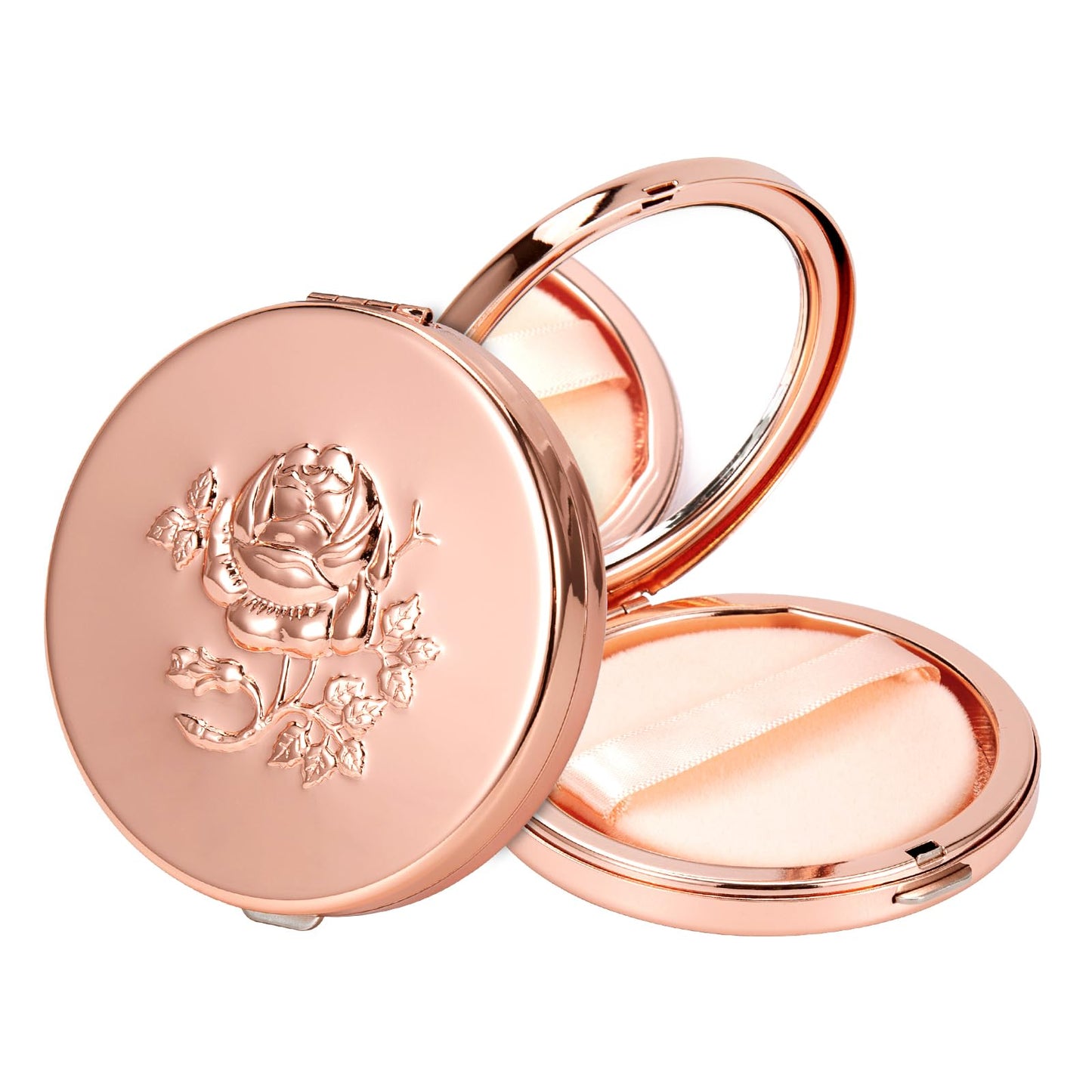 Fashion Creative Luxury Metal Beauty Sponge Case, Rose Gold Pattern, 7 cm Compact Mirror Case with Puff, Travel Makeup Powder Holder (Rose)