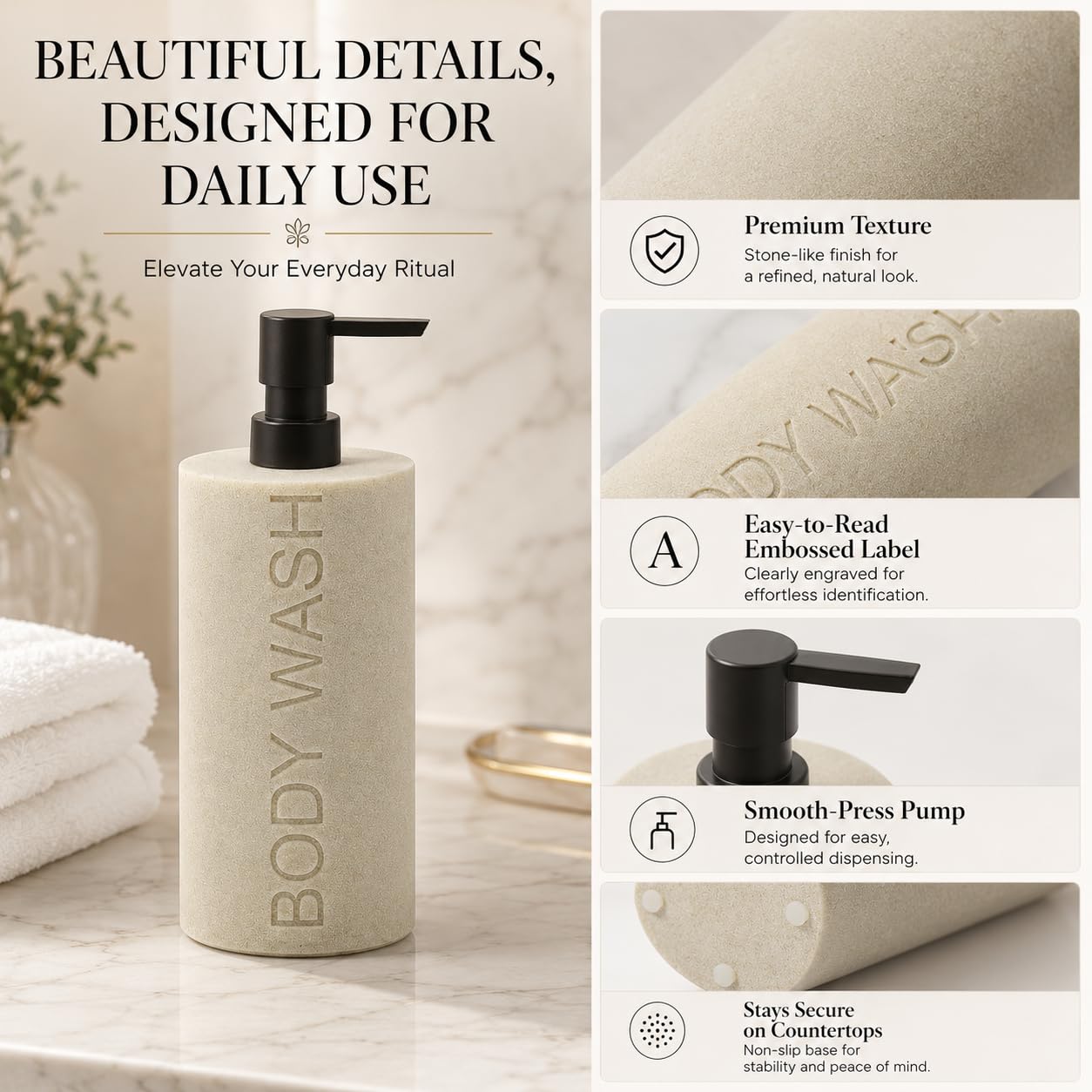 Indecor Home Resin Tan Sandstone Body Wash Engraved Bottle Refillable Pump Dispenser, Durable Waterproof Resin Construction for Bath, Shower - Tan Sandstone, ORB Pump