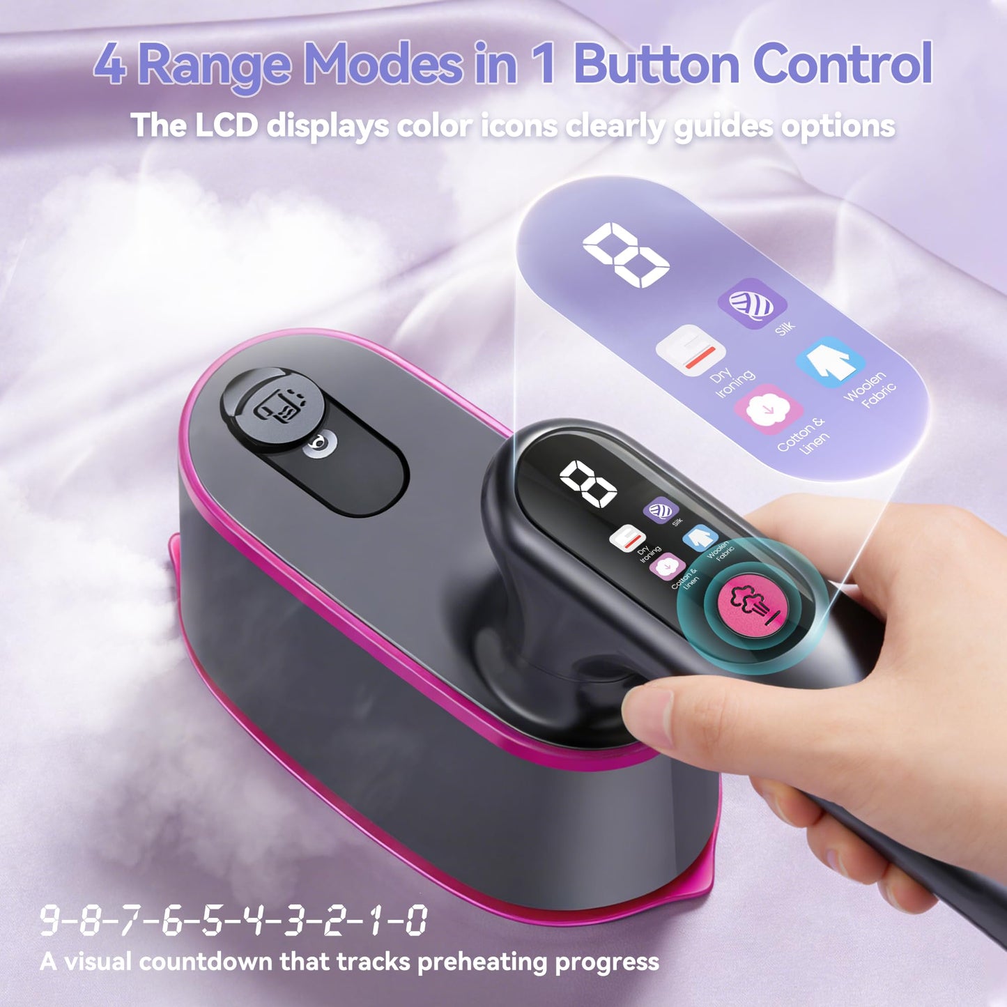 Travel Steamer for Clothes, 2-in-1 Clothes Steamer Handheld & 4 Modes LCD Display Portable Steam Iron, Hand Steamer for Clothes 1200W 15S Fast Heat-up 180ml Tank for 20Min Garment Steamer, 100-120V