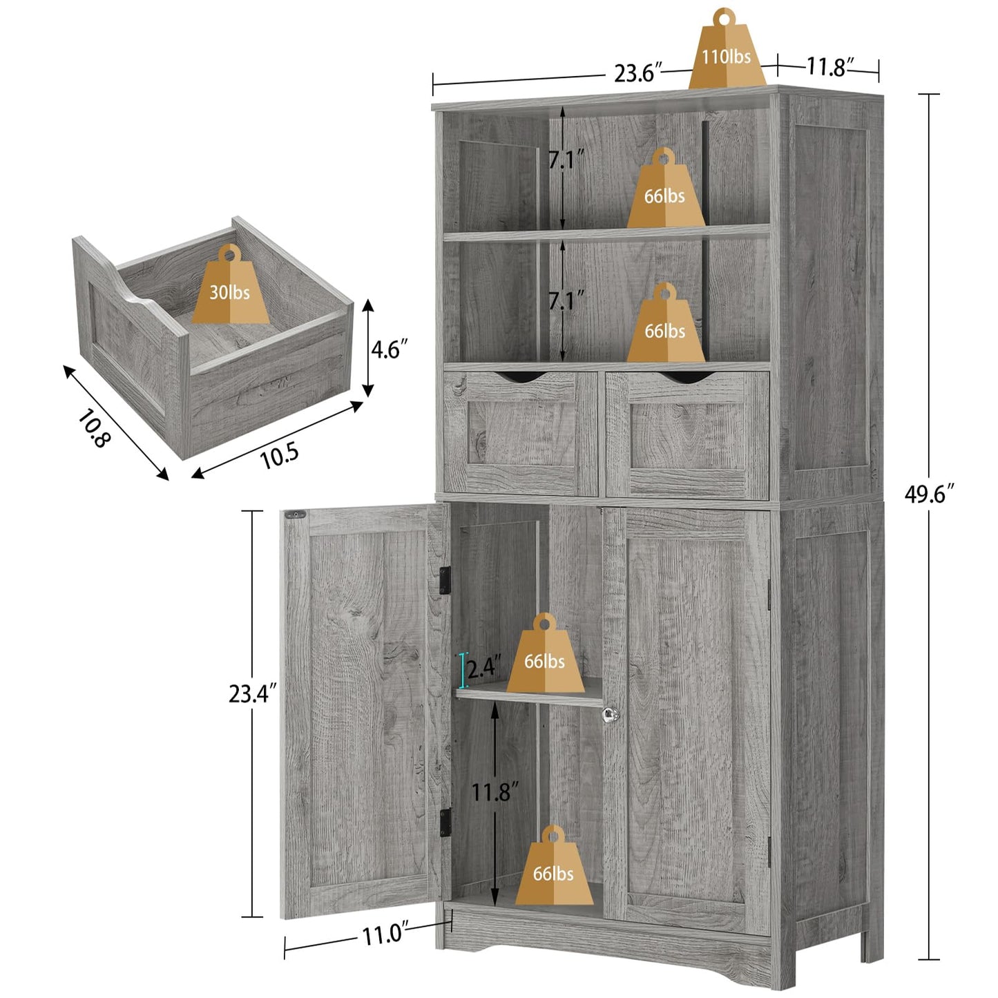 Iwell Storage Cabinet with 2 Drawers & Adjustable Shelf, Tall Bathroom Cabinet with Doors, Cupboard, Kitchen Cabinets for Living Room, Dining Room, Entryway, Grey