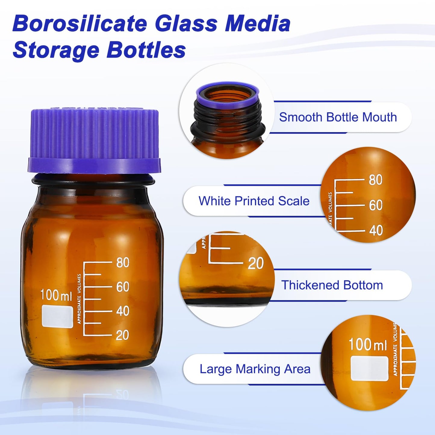 PATIKIL 8 Pack Reagent Media Storage Bottles, 100ml Borosilicate Glass Graduated Round Bottles with GL45 Blue Screw Cap for Lab Water Reagent Liquids, Brown