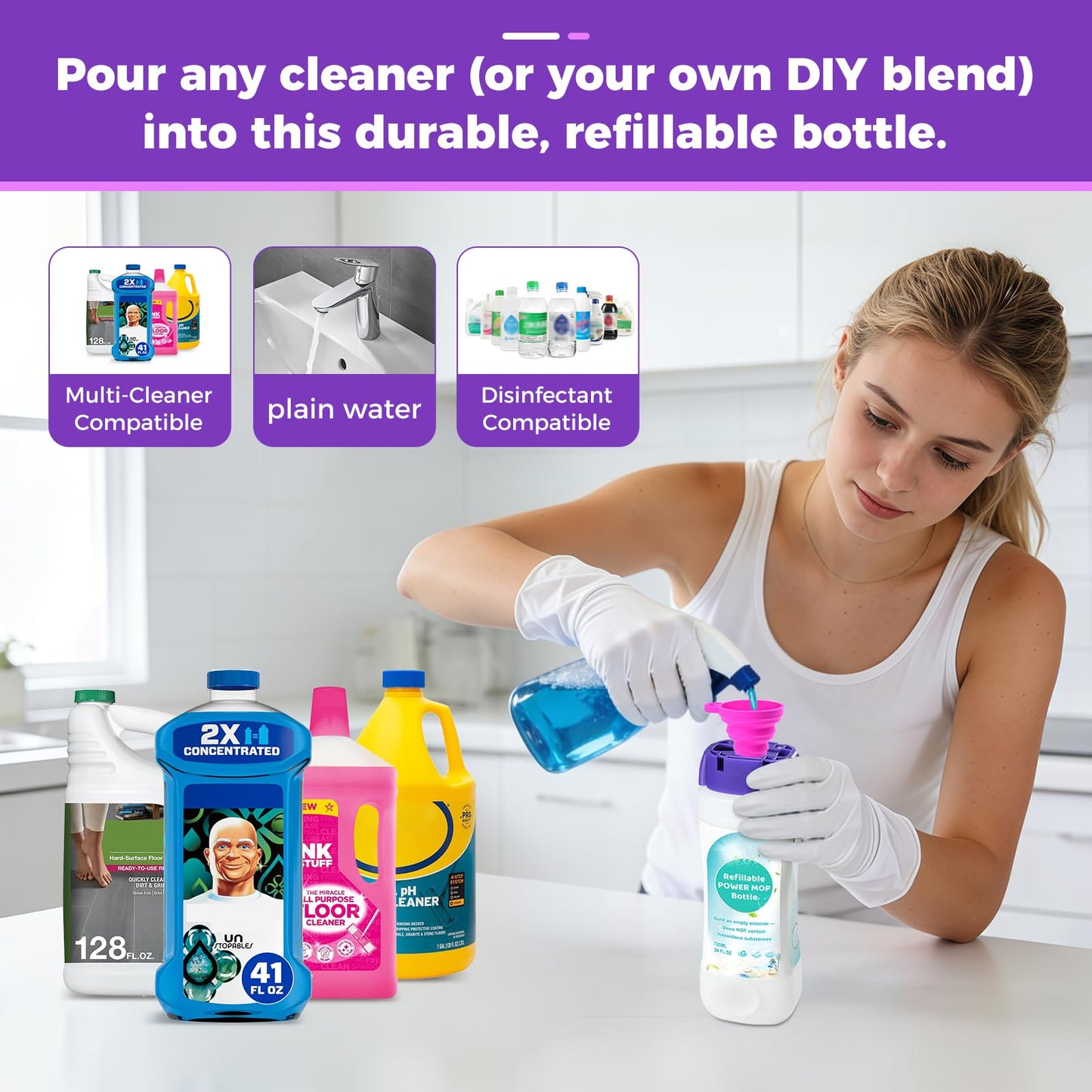 YFUARY Refillable Solution Bottle for Swiffer Power Mop,Leak-Proof Reusable Empty Cleaner Container, Universal Fit for Any Liquid Cleaner, Easy Install