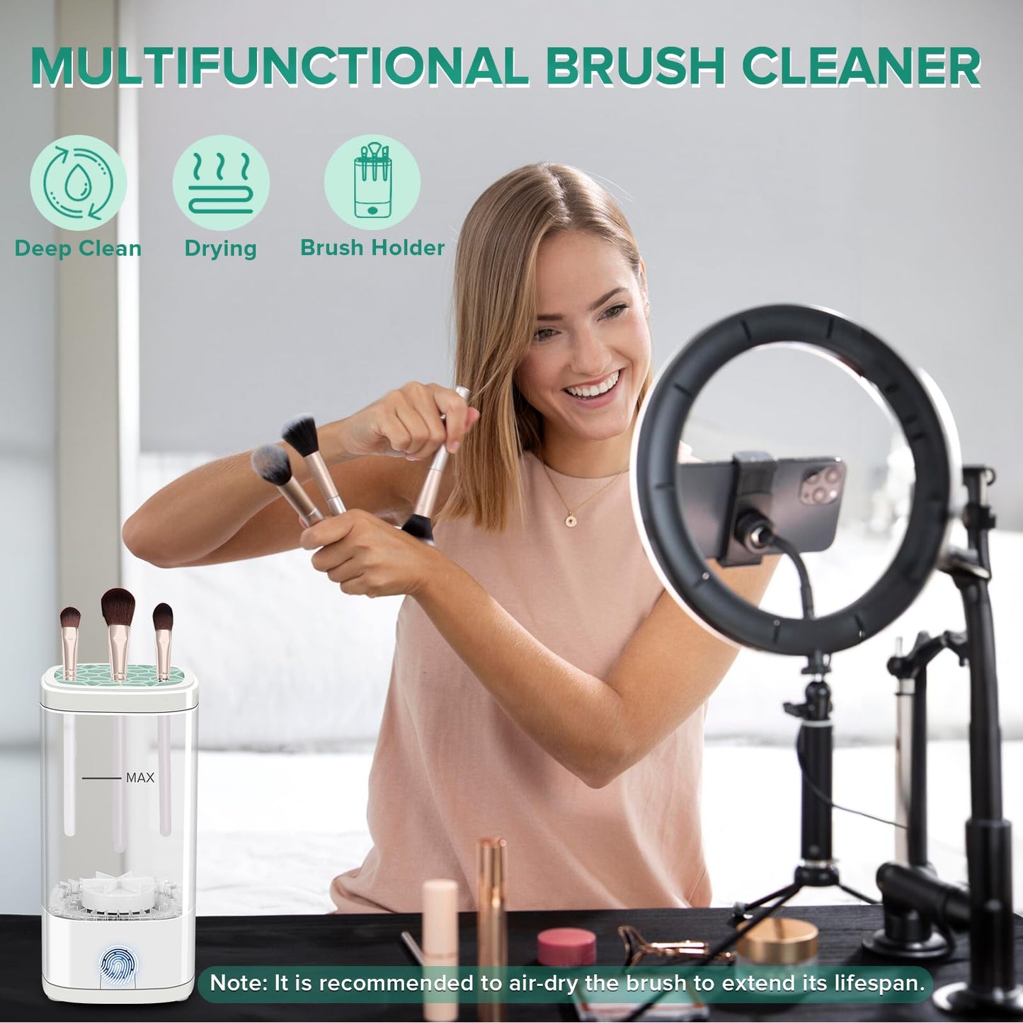 Electric Makeup Brush Cleaner Machine, Multi-Functional Cosmetic Brush Cleaner with Dryer Holder, Portable Automatic Makeup Brush Cleaning Tool Type-C Charging