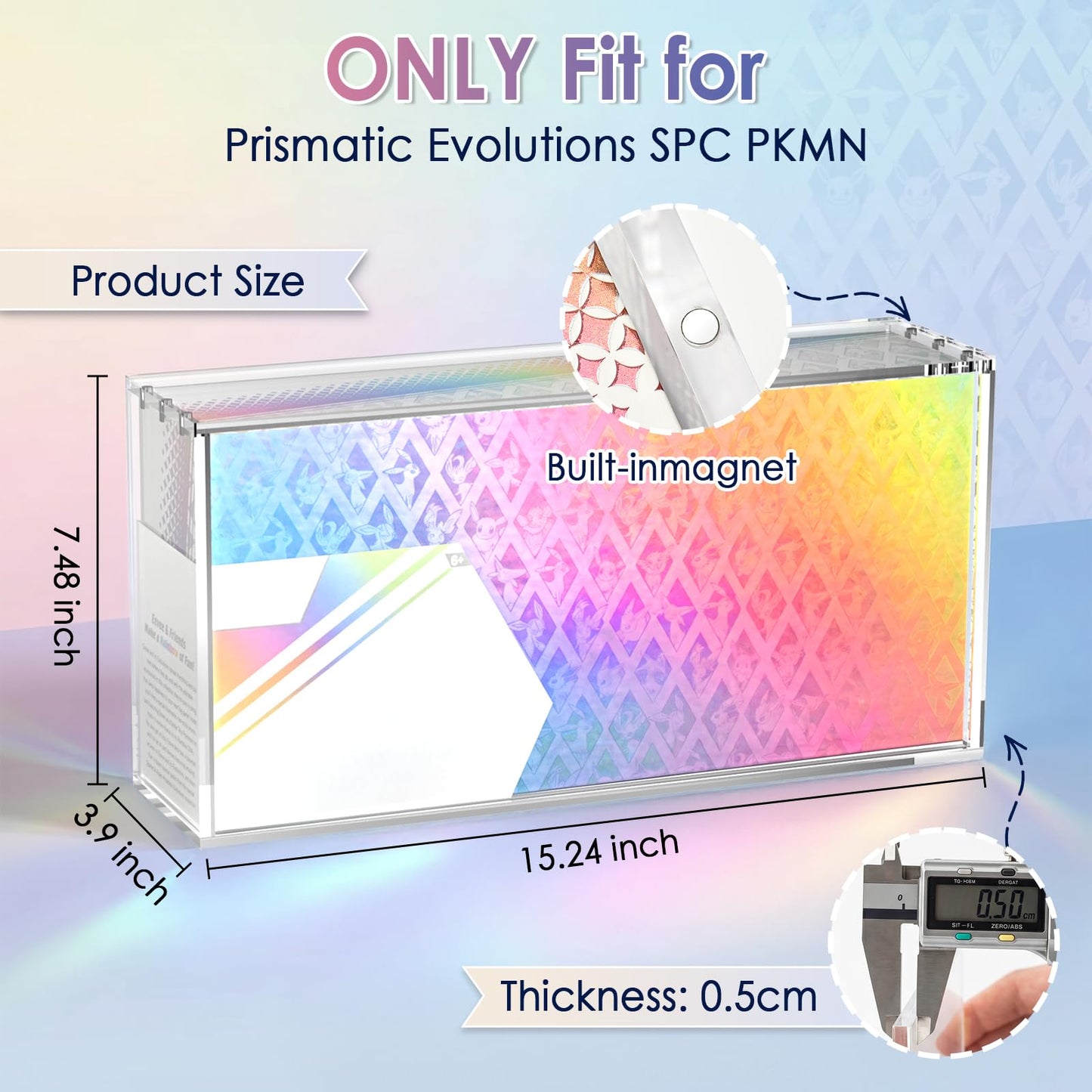 Premium Prismatic Evolutions SPC Acrylic Display Case with Magnetic Lid, 8+5MM Thick Clear Protective Storage Box Fit for PKMN Evolutions Super Premium Collection, Dustproof Collector Display Case