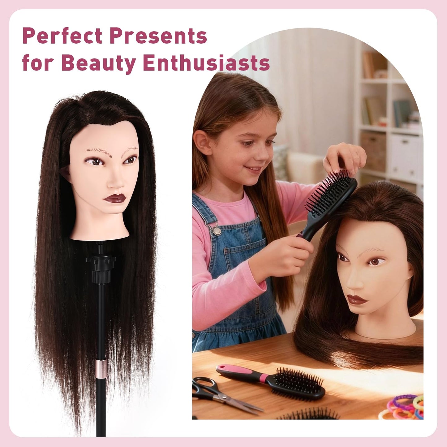 Mannequin Head with 90% Human Real Long Hair, Cenoz 26" Hairdresser Cosmetology Training Head with Stand and Tool, Manikin Training Practice Head, Doll Head for Hair Styling Braiding DIY（Dark Brown）