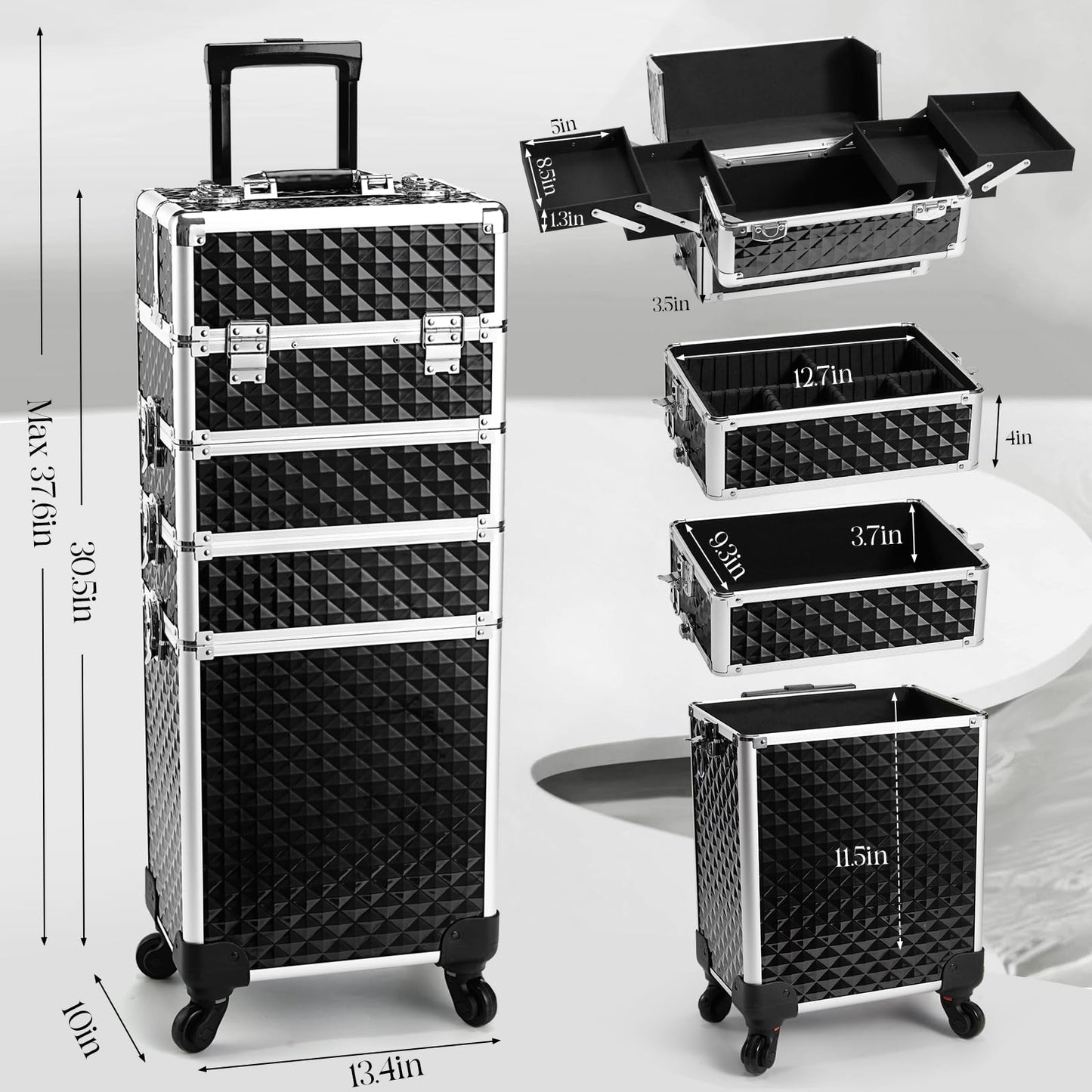 Yueieoun Rolling Makeup Train Case, 4-in-1 Cosmetology Case on Wheels, Nail Tech Cart for Travel, Professional Cosmetic Vanity Case, Suitcase for MUA/Manicure/Tattoo/Style, Lockable Storage Box, Black