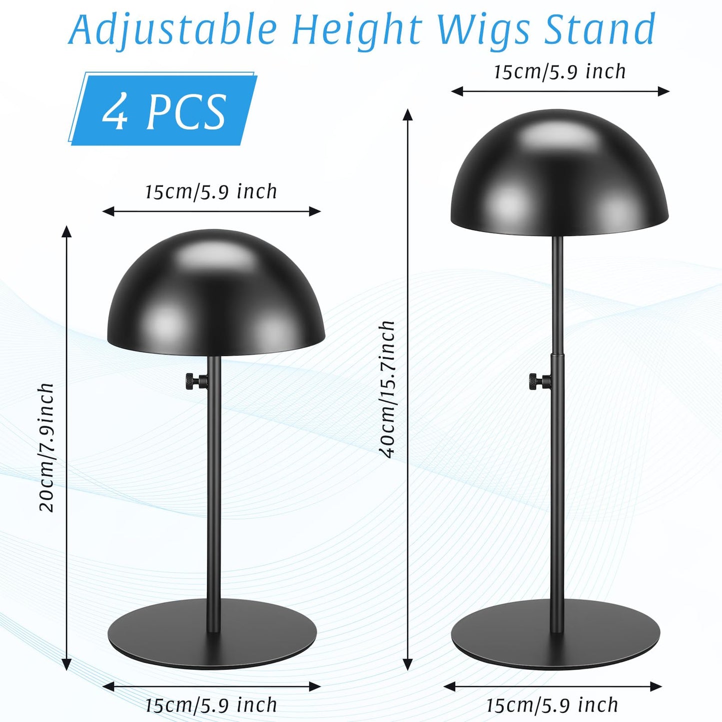 Sintuff 4 Pcs Hat Display Stand:adjustable 7.9-15.7inch Wigs Head Holder Stand Non Slip Stainless Steel Metal Rack for Multiple Hats Wig Storage Styling Practice(Black,Round Base)