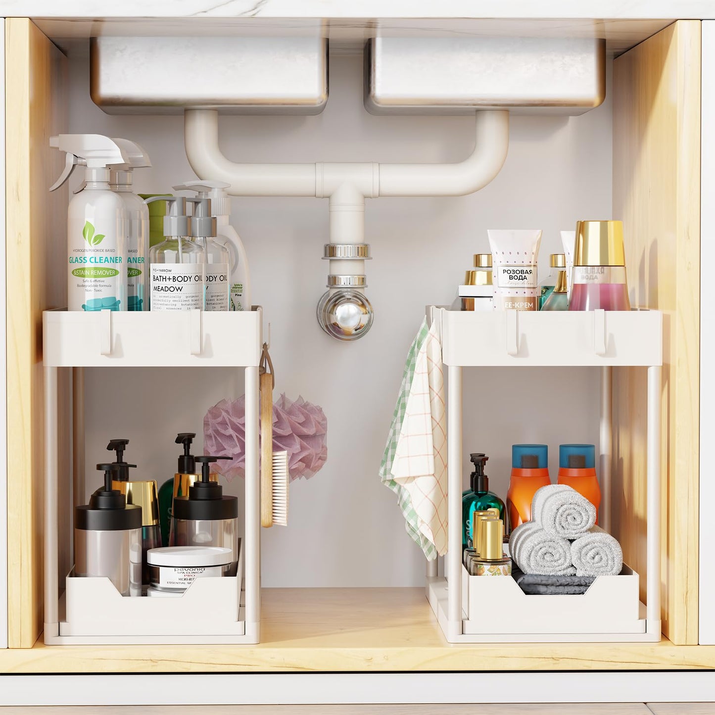 Simple Trending Under Sink Organizer 2 Pack, Sink Pull-Out Sliding Storage Cabinet, 2-Tier Under Shelf Organizer for Kitchen Bathroom, White