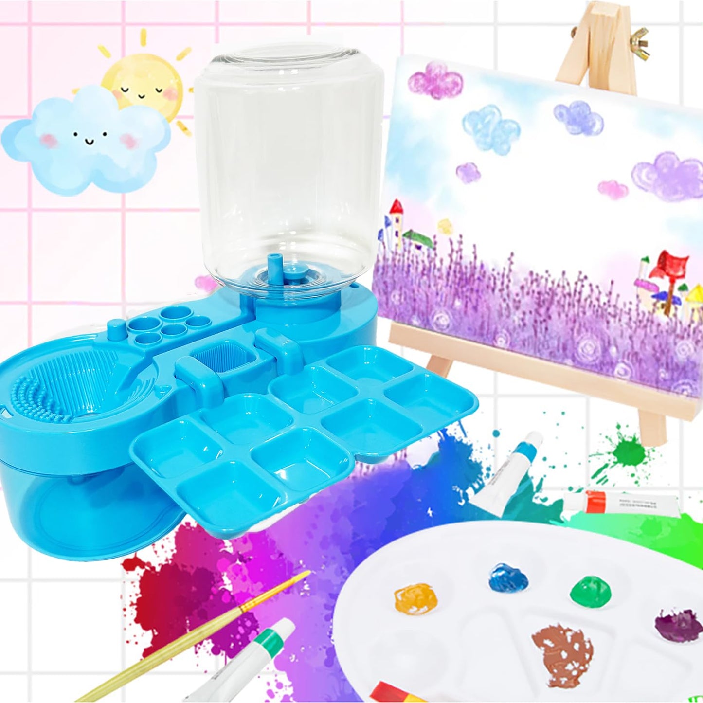 Painting Station, Paint Brush Cleaner (Upgraded) and Silicone Painting Mat 20"X16" with 10 Paint Brushes, Leak Proof Paint Brush Rinser, Gift for Adults Artist Beginners