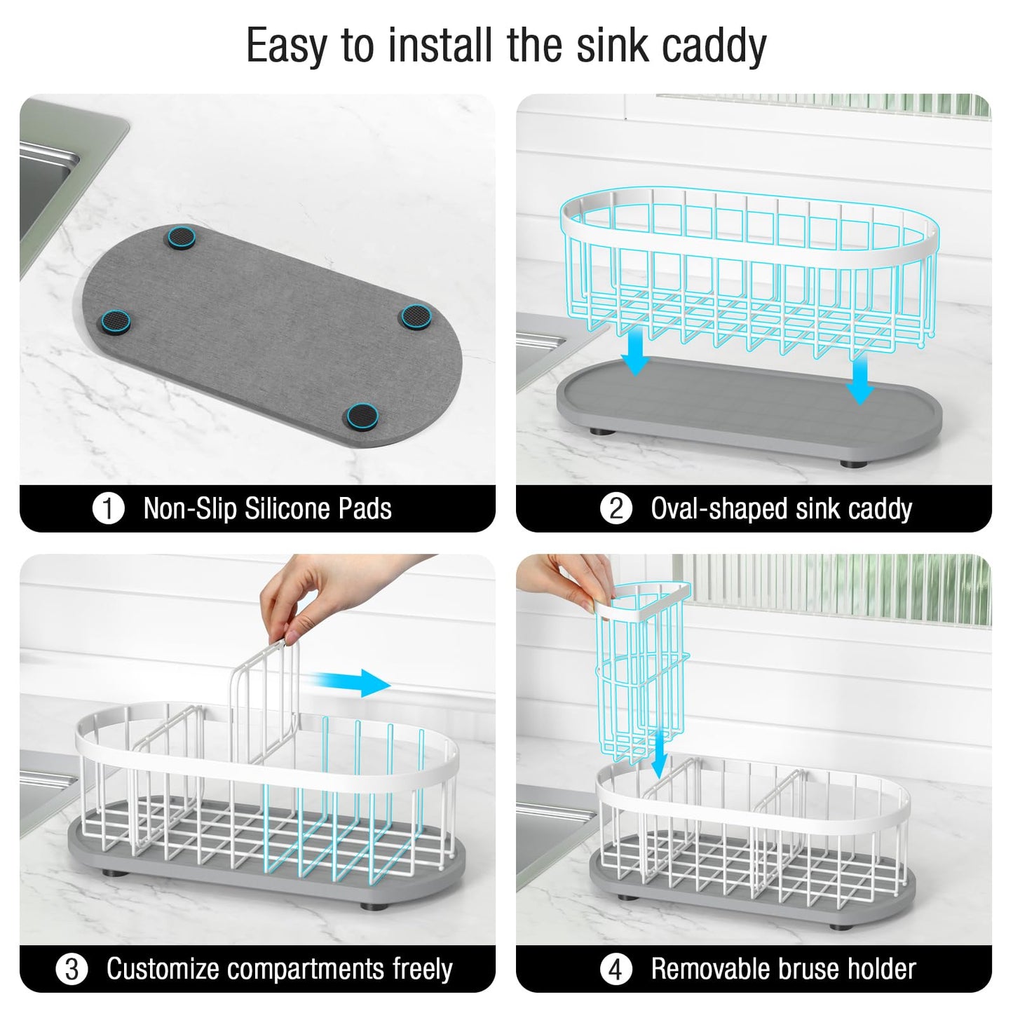 HOKEMOM Sponge Holder for Kitchen Sink with High Brush Holder, [Stay-Dry Anywhere & No Drainage Needed] Rustproof Stainless Steel Kitchen Sink Caddy Organizer with Water Absorbing Stone Tray, White