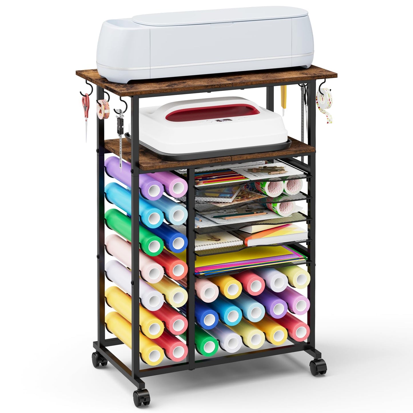 Craft Organizers and Storage Compatible with Cricut Machine Rolling Craft Storage Cart with 29 Vinyl Roll Holders & 6 Hooks Crafting Table Organization Workstation for Craft Room Home, Rustic Brown