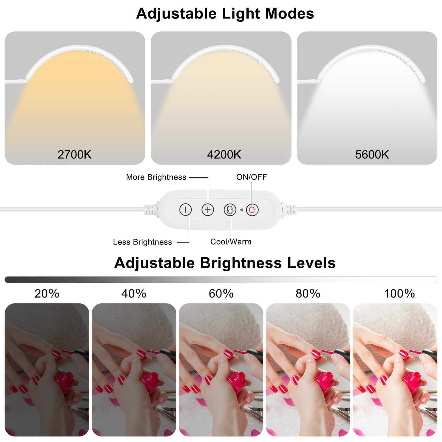 ZEKAHOV Professional Half Moon LED Desk Light for Nail Techs & Artists – Flexible Gooseneck Lamp with Clamp, 5 Color Modes & 5 Brightness Levels for Manicure, Tattoo, Beauty Work