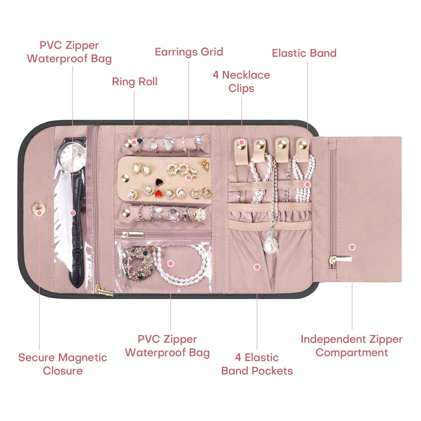 TBTOTRA Travel Jewelry Organizer Box, Foldable Travel Case for Earrings, Necklaces, Rings, Bracelets, Black