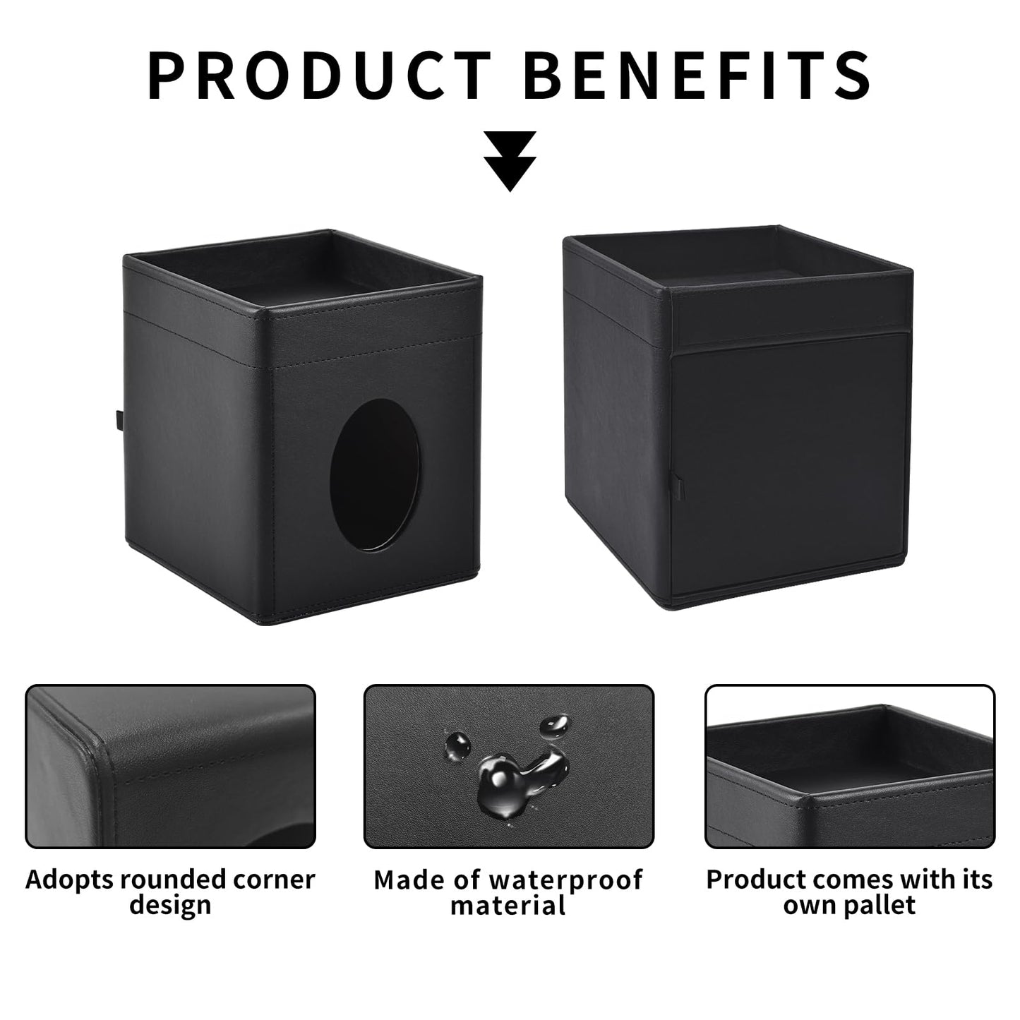 XNONE Tissue Box Cover Square Tissue Box Holder PU Leather Facial Tissues Organizer with Storage Tray for Bathroom Vanity Bedroom Office Car, Stylish Napkin Caddy Decorative Organizer (Black)