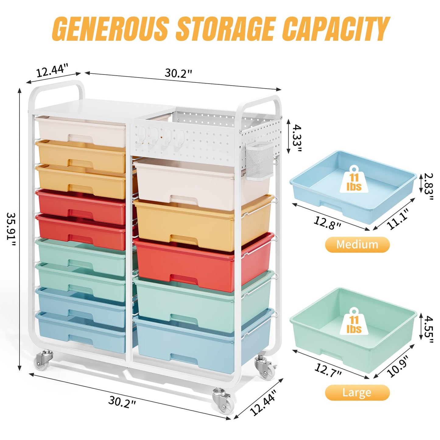 Rolling Storage Cart with 14 Drawers, Storage Organizer Cart with Tabletop and Pegboard,Utility Cart for Living Room, Classroom, Bedroom,Bathroom,Dorm,Office (Rainbow)