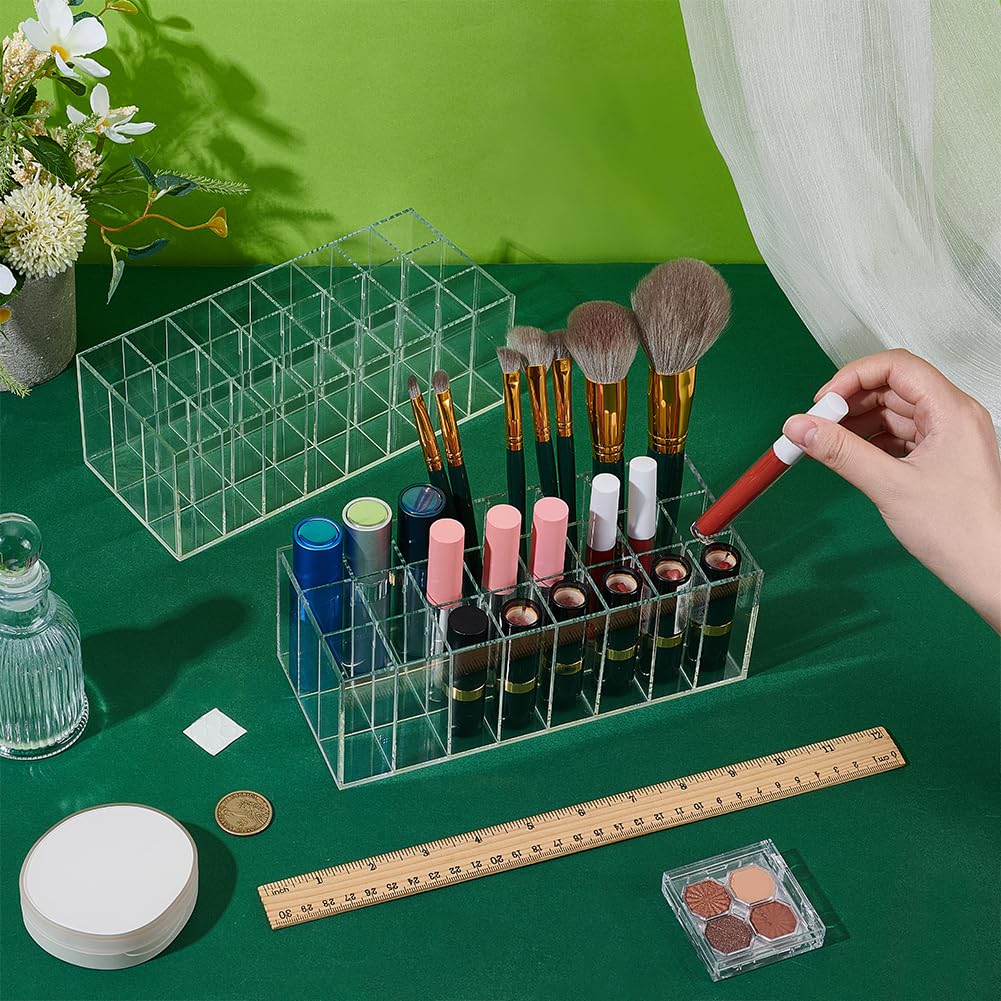 peacoblue 2Pcs 24 Slots Acrylic Lip Gloss Holder Lipstick Organizer, 8.3"x3.5"x2.7" Beauty Makeup Chapstick Holder, Clear Cosmetic Vanity Display Case for Lip Balm, Brush, Perfume