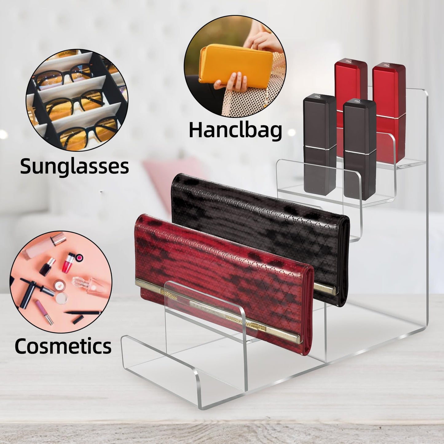 WEIHAOSKY Acrylic Wallet Display Stand Purse Handbag Organizer, Clear Jewelry Riser Display Stand Purse Display Rack, Acrylic Display Shelf for Cosmetic Perfume Jewelry Sunglasses Handbag (4 Tier)