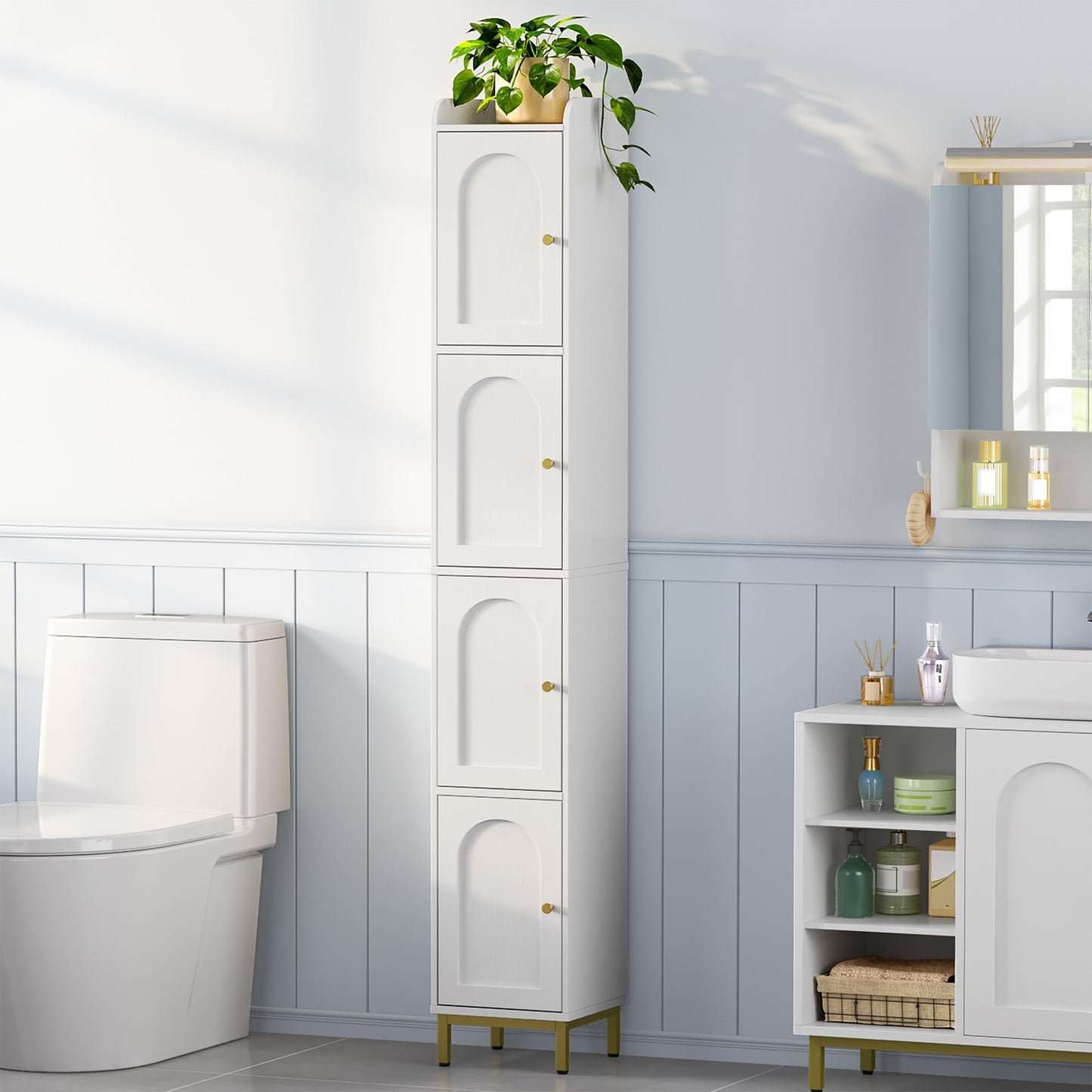 Hzuaneri 4-Tier Narrow Tall Storage Cabinet, Slim Bathroom Storage Cabinet with 4 Adjustable Feet and Shelves, Bathroom Organization for Small Space, Kitchen, Living Room, Laundry Room White BC43313G