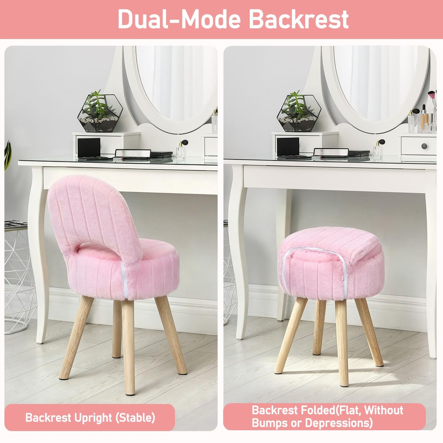 Small Vanity Stool Chair with Storage & Folding Back, Faux Rabbit Fur Soft Padded Seat Ottoman, 4 Solid Wood Legs Anti-Slip Feet, Stool for Vanity Desk for Makeuproom, Bedroom 12.9”x11.8”x27.9”（Pink）