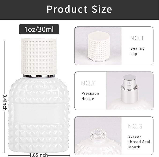 2 Pack 30ml Perfume Spray Bottles Empty, Refillable Glass Fine Mist Atomizer, Portable Travel Perfume Atomizers Fragrance Containers Sprayer for Cleaning, Essential Oils, Liquids (White)
