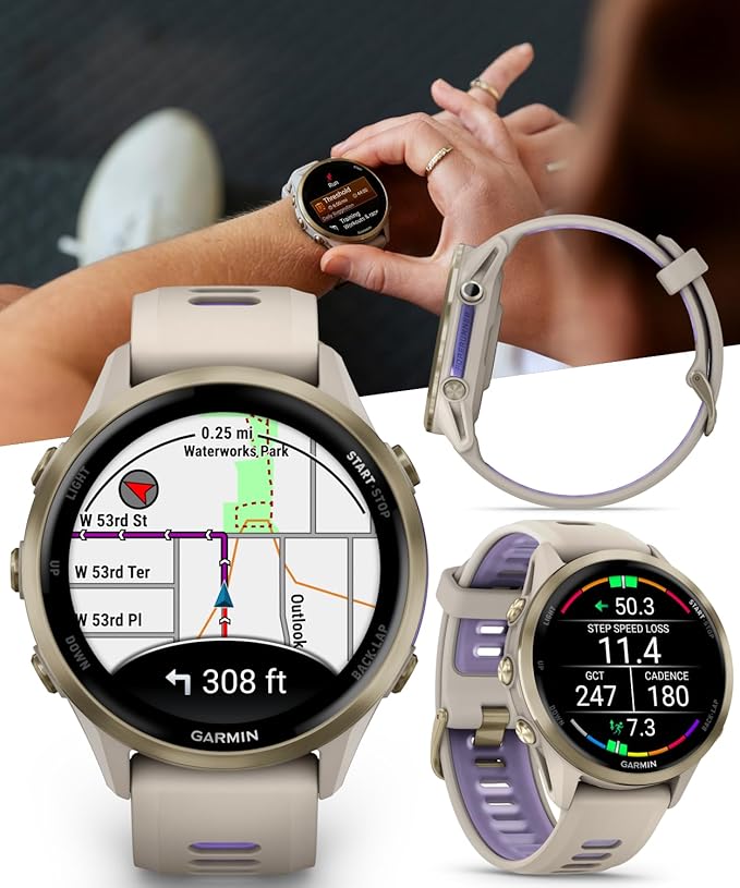 Wearable4U Garmin Forerunner 970 Soft Gold Titanium Smartwatch with French Gray Case and French Gray/Translucent Indigo Band, AMOLED Display with Garmin HRM 600 M-L Power Bank Bundle