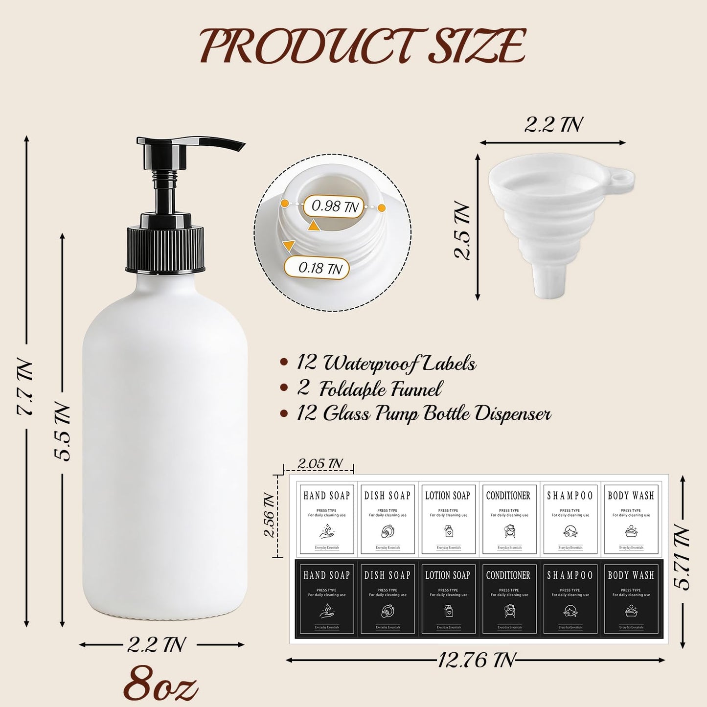 TBWIND 12 Pack 8oz White Glass Soap Dispenser Bottles with Pumps, Refillable Glass Bottles for Shampoo, Conditioner & Lotion, Ideal for Bathroom, Kitchen, Waterproof Labels & Funnels Included