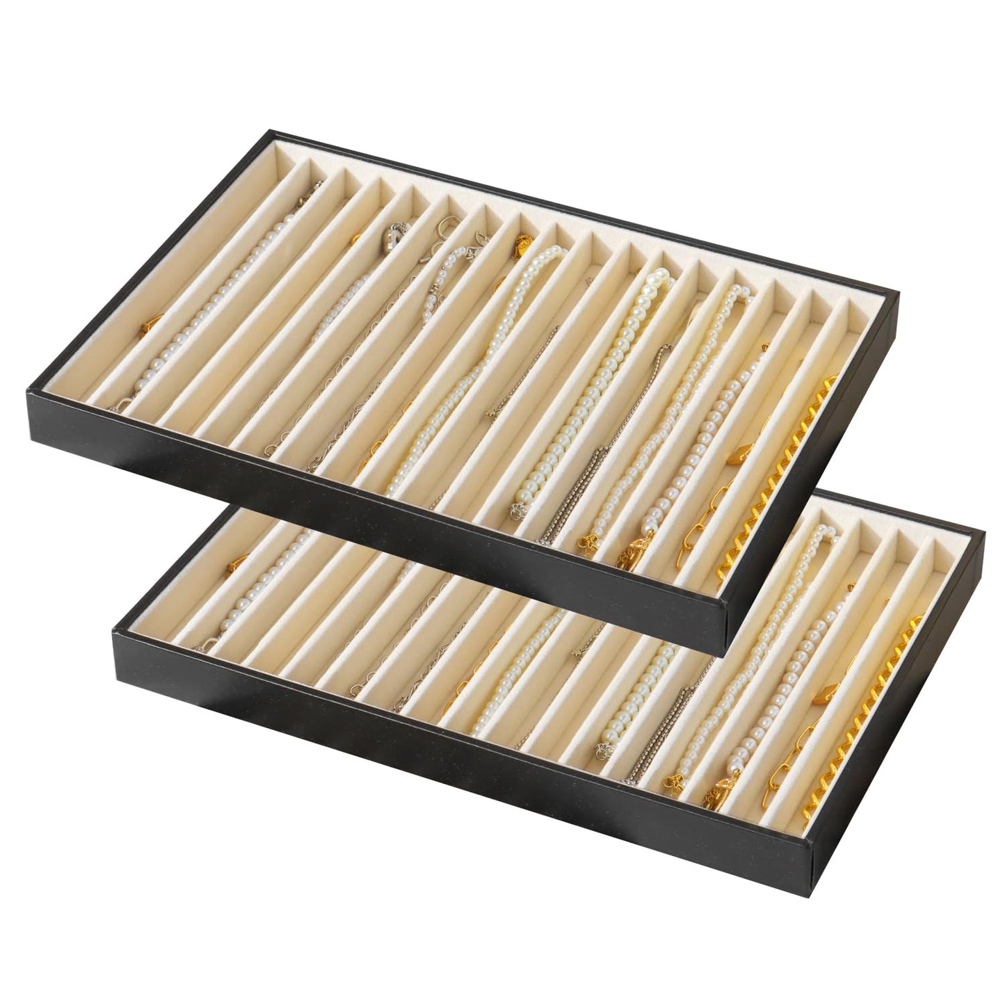 KATISYIO Large Jewelry Organizer Tray 2 Pack, Stackable Jewelry Storage Holder for Drawer Inserts, PU Leather Velvet Jewellery Display Case for Earring Bracelet Necklace Ring (Black Beige, 16 Grids)
