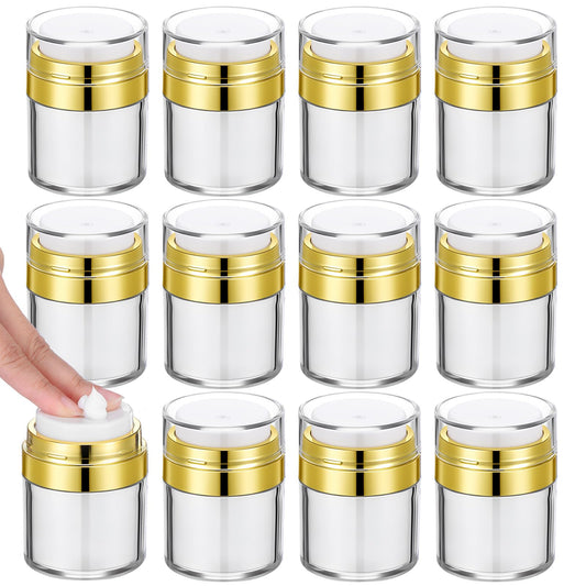 12PCS 1oz Gold Travel Jars for Creams, 30ml Airless Pump Jars Refillable Travel Bottles Empty Makeup Containers for Creams Lotion Moisturizer Toiletries Dispenser
