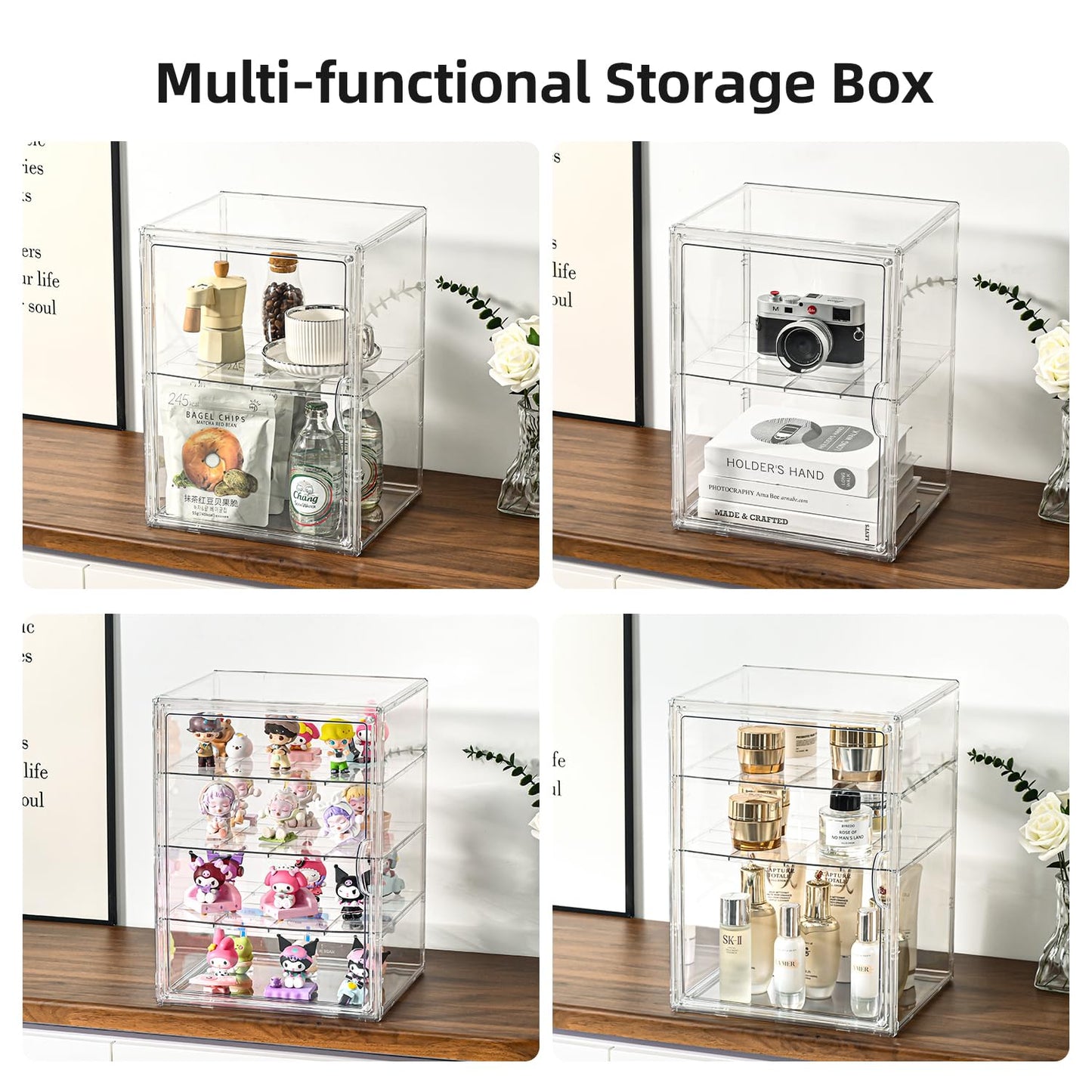 4 Tier Display Case for Collectibles,Clear Display Box with 3 Movable Plates ,Storage Container with Magnetic Door