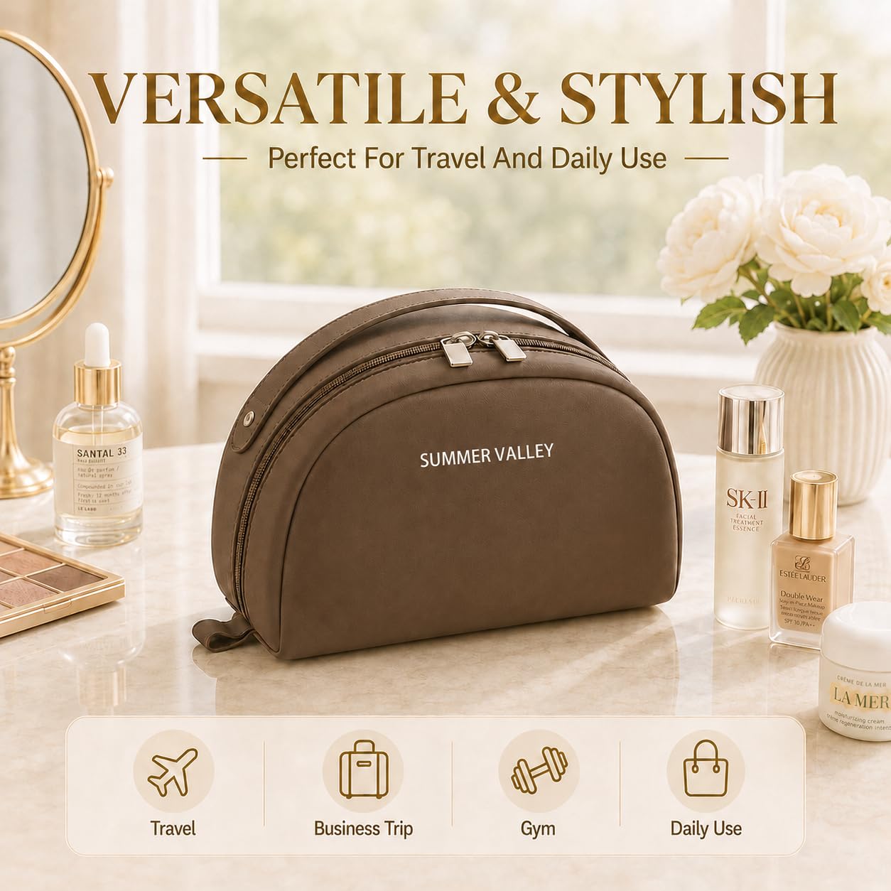 YDR Travel Makeup Bag for Women, Large Capacity PU Leather Cosmetic Bag, Semi-Circular Makeup Organizer Pouch, Water-Resistant Toiletry Bag with Zipper, Portable Cosmetic Case for Travel