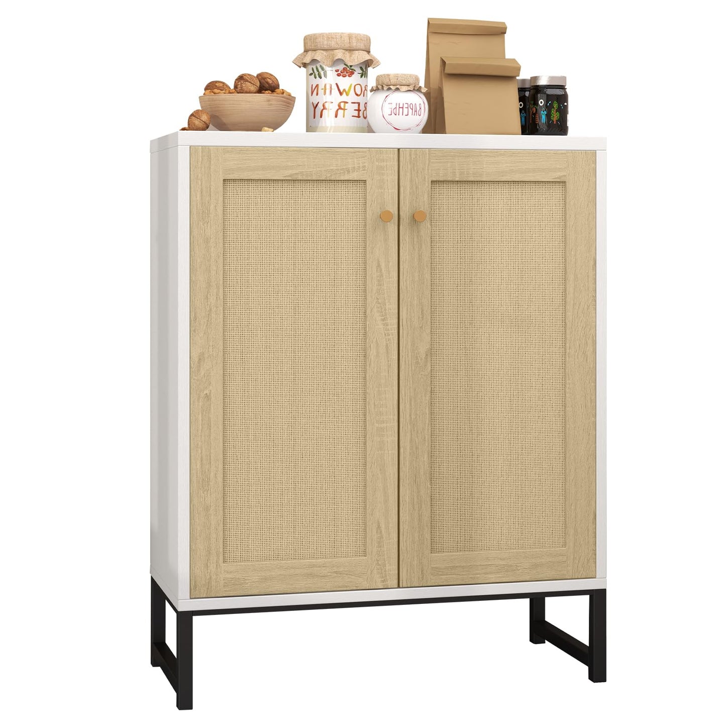 Panana Rattan Decorated 2 Doors Storage Cabinet Accent Cabinet Living Room Cupboard Kitchen Sideboard Buffet Table (White)