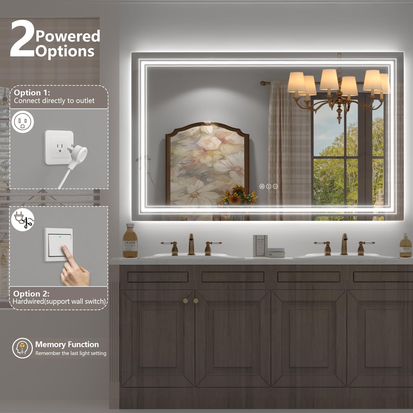 GOLOMO 66x36 LED Bathroom Mirror, Lighted Mirror for Bathroom Wall, Backlit and Front lit, Dimmable, Anti-Fog, Shatterpoof, Memory (Horizontal/Vertical)