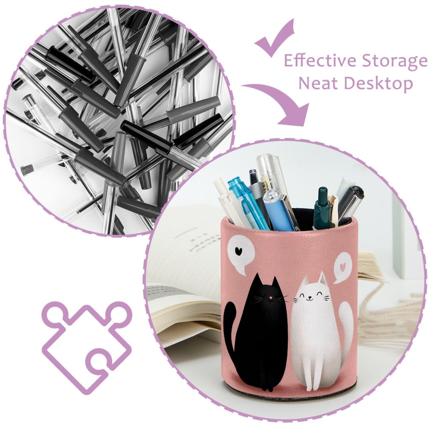 Black and White Cats Pen Holder Pencil Organizer for Desk, 3.1” x 3.1” x 3.9” Pencil Cup Office Supplies, Large Capacity Cute Pen and Makeup Brush Holder for Home, School, Desktop
