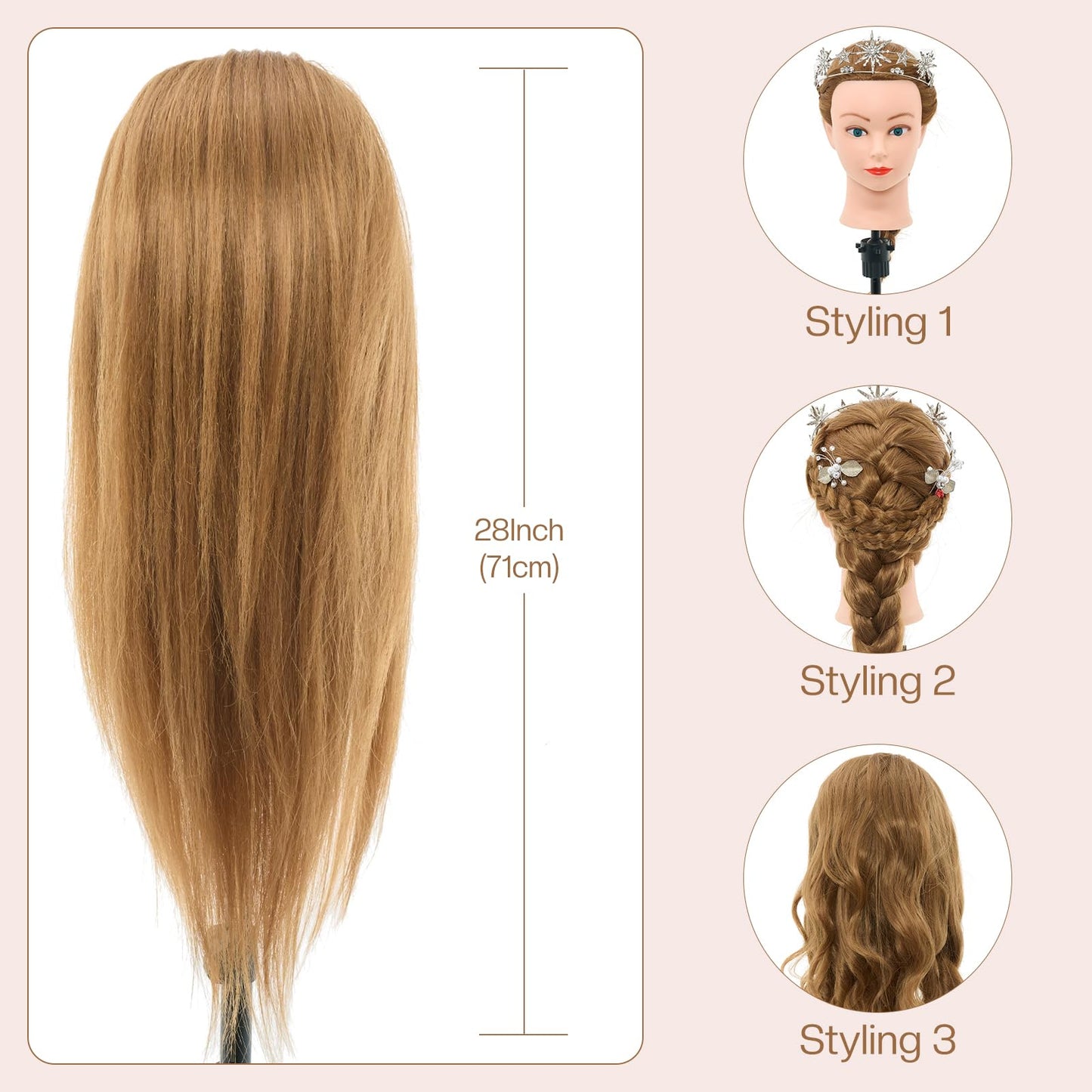28Inch 80% Real Hair Mannequin Head, Cosmetology Mannequin Head with Hair for Braiding Curling Cuting, Table Clamp Styling Set(Blonde)