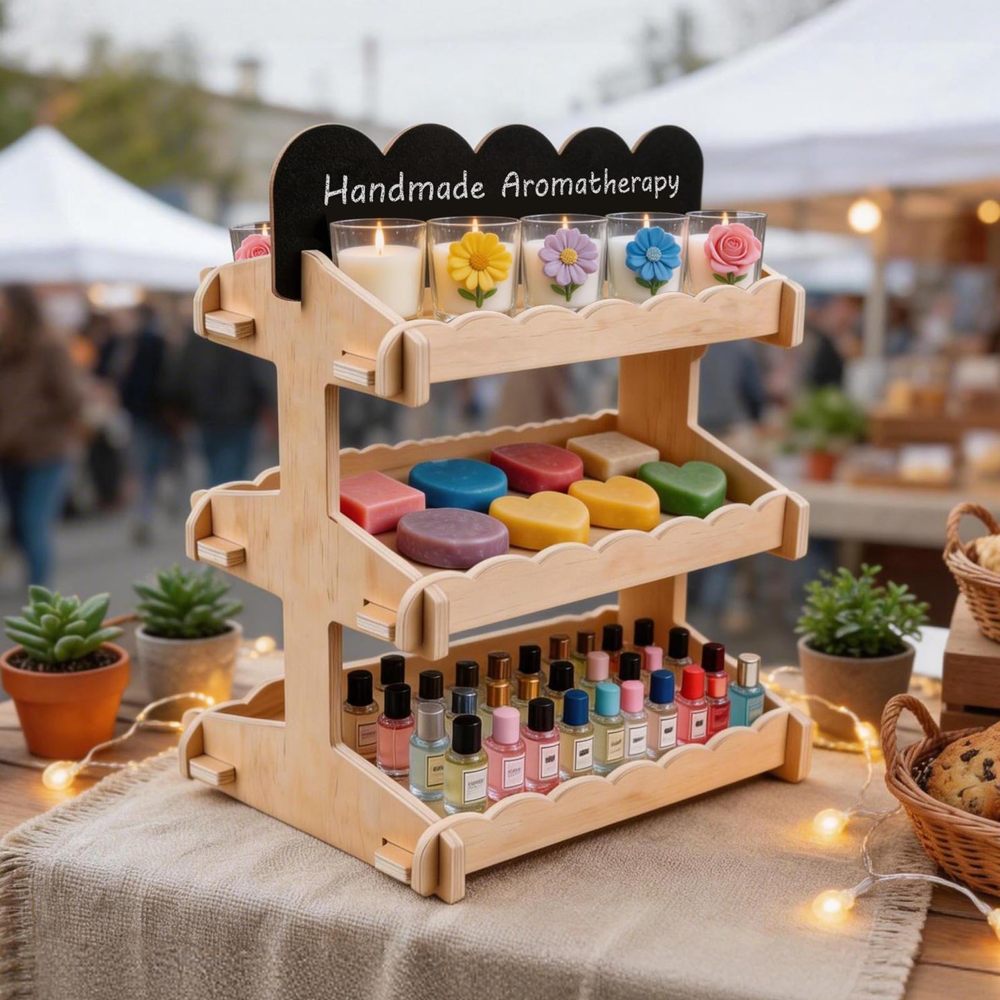 Idcymoul Cookie Display Stand, 3 Tiered Sturdy Wooden Stand with Chalkboard Sign for Bakers, Vendor Booths, Craft Fairs & Farmers Markets, 6.5inch Interval Display for Cookies, Cupcakes & Pastries