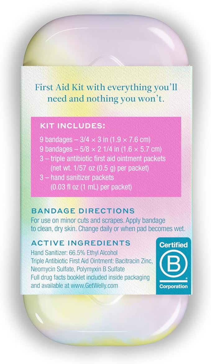 Welly Quick Fix Colorwash, On The Go First Aid Kit, Assorted Bandages, Ointments, and Hand Sanitizer, Tie Dye Patterns, 2 Pack