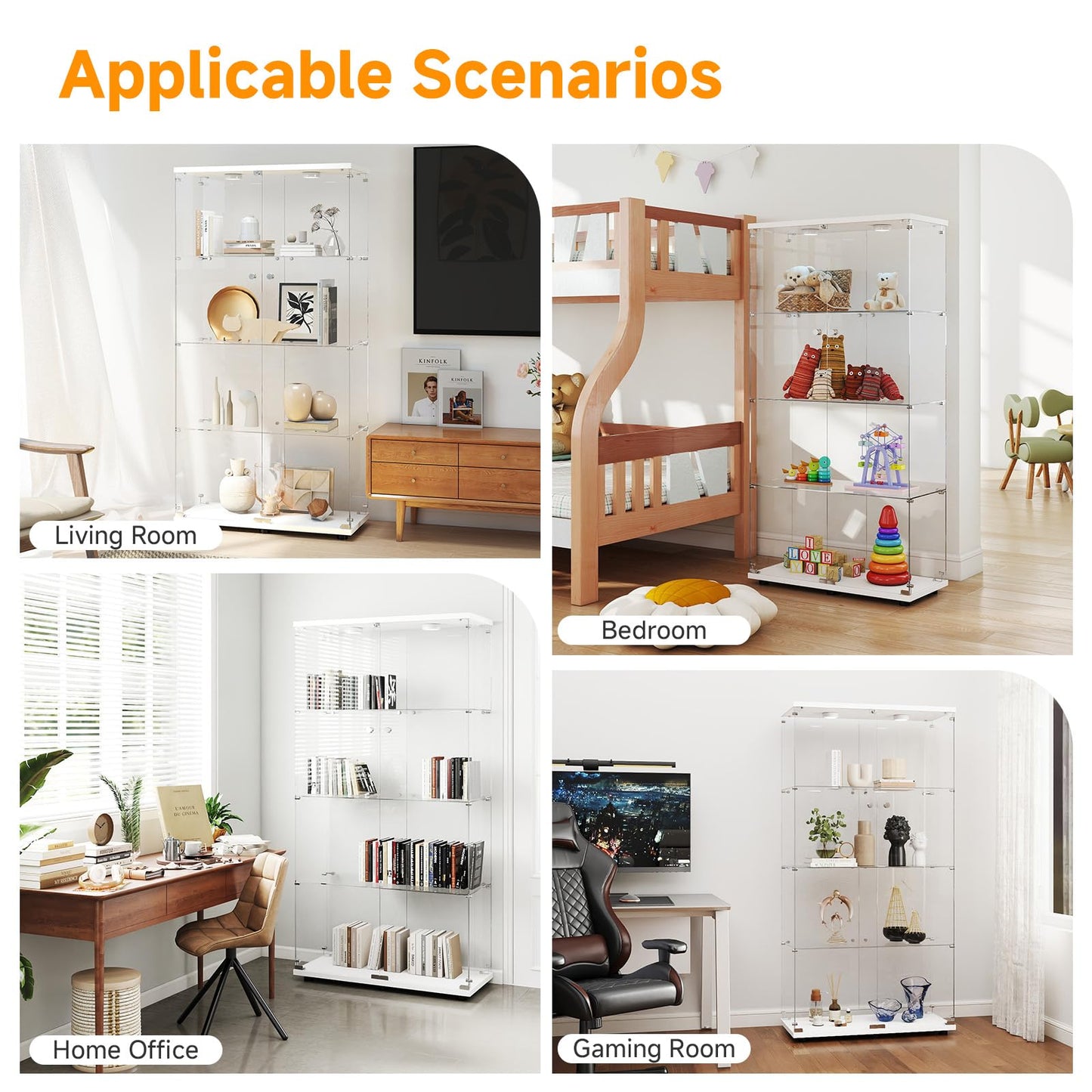 Zevemomo Tempered Glass Display Cabinet with Lights, 4-Tier Curio Cabinet with Glass Doors and Lock, Glass Display Case for Collectibles, for Living Room, Bedroom, Office, Double Door, White