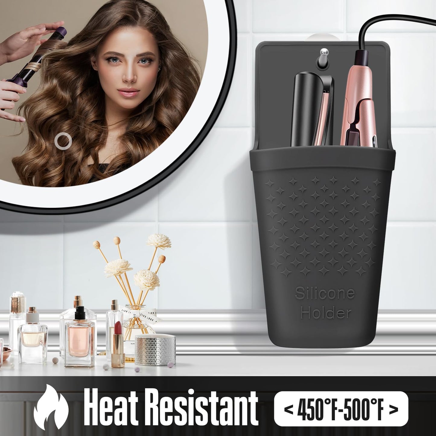 CROWATTS Heat Resistant Silicone Hair Iron Mat and Pouch,Portable Travel Hair Straightener Mat and Holder for Hair Styling Tools.1 Pack.(Black)