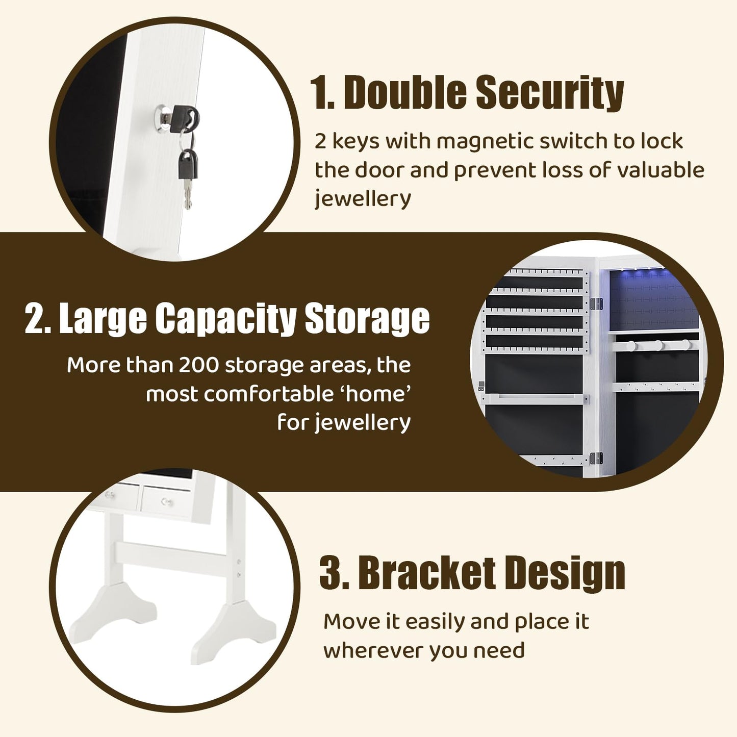Sweetcrispy Freestanding Jewelry Armoire Cabinet, Lockable Standing Jewelry Organizer and Storage, Full Length Makeup Mirror, 3 Adjustable Angles (13°/23°/30°), 3 Angles, White