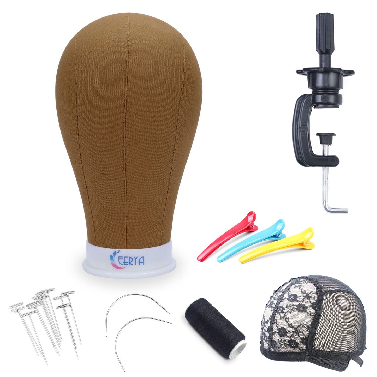 EERYA Wig Head Canvas Block Head 23 Inch Wig Head Stand for Making Wig Display Styling Brown Poly Canvas Block Wig Head with Stand Mannequin Head with Mount Hole Manikin Head (23 Inch,Brown)