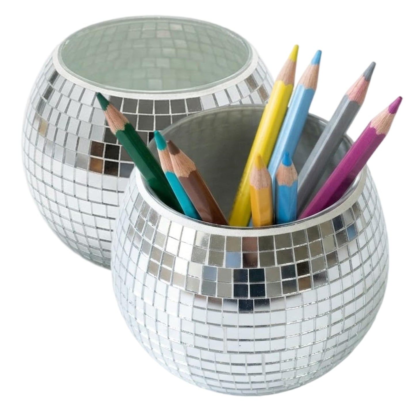 Choary 2 Pack Glass Disco Ball Makeup Brush with Smooth Grouting - Premium Mirror Mosaic Pencil Cup for Desk, Cute Pen Holder, Aesthetic Room Decor Gift (silver)