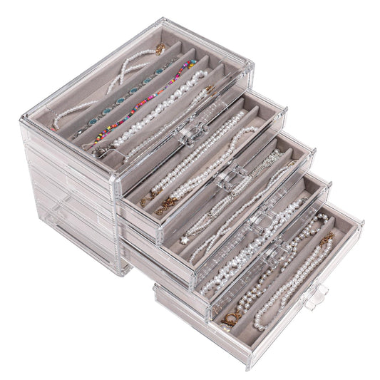 5 Drawerss Necklace Organizer Box, Tray with Clear Lid, Dustproof Velvet Necklaces Holder Storage Display Case, Gery Necklace Tray Drawer Insert for Pendant Suitable for Women and Girls (25 grids)
