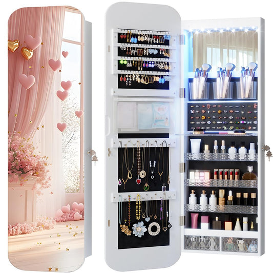 Vlsrka 6 LEDs Mirror Jewelry Cabinet Door Hanging, 47.2" Wall Mounted Jewelry Cabinet, Lockable Full Length Mirror with Storage, Rounded Corner Mirror Jewelry Organizer, 2 Drawers, White