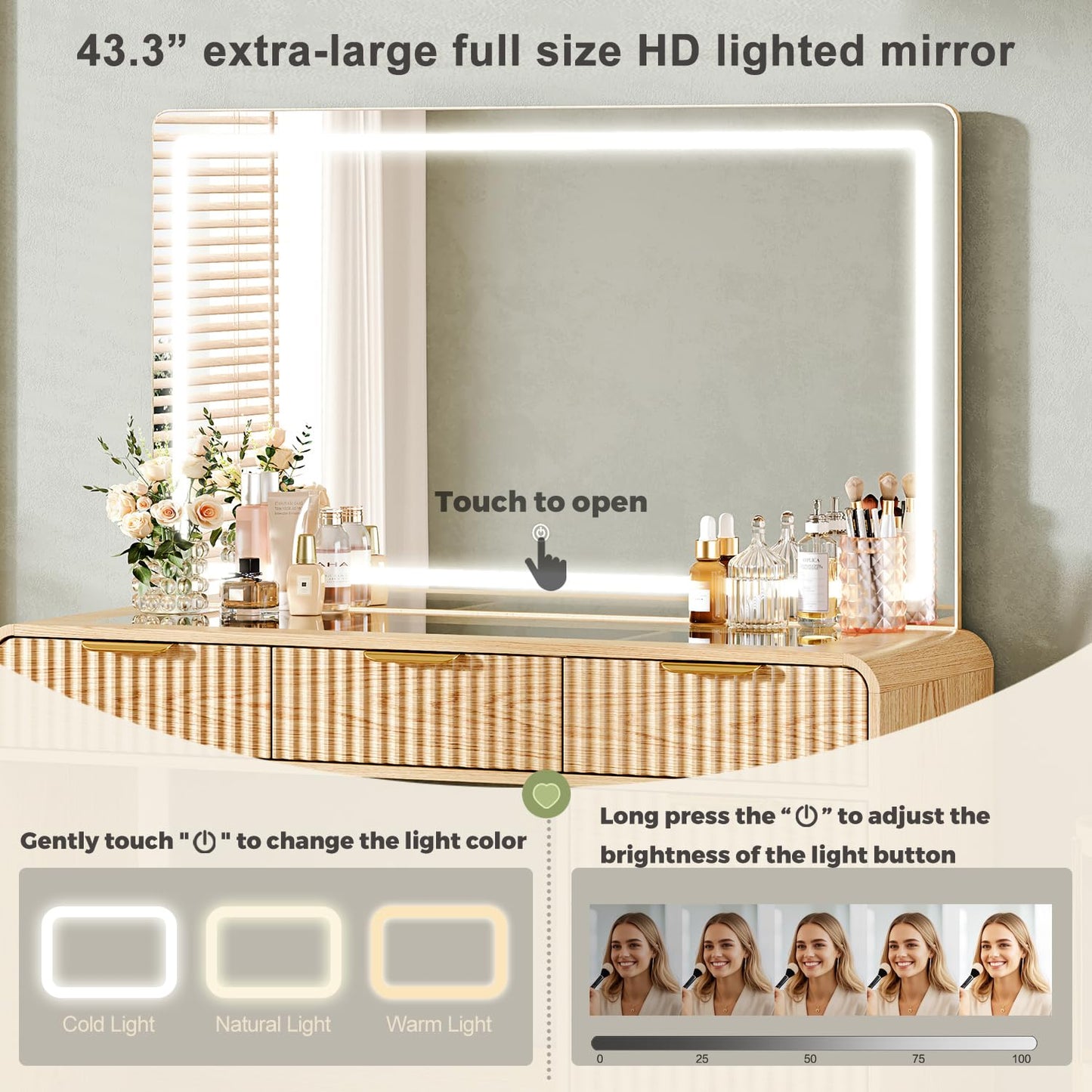 GRUTEUNIT 47.2" Makeup Vanity with 44.8" Mirror and Lights, Modren Vanity Desk with 7 Drawers,Vanity Table with Glass Top, Dressing Table with Charging Station for Women and Girls,Bedroom(Natural)