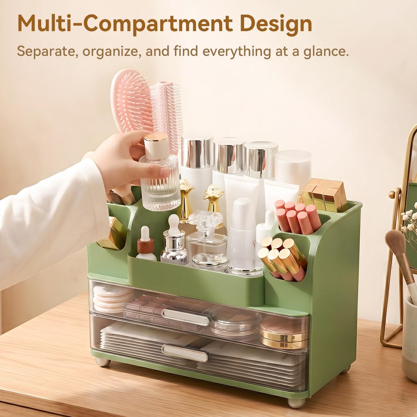 Brothersbox Makeup Organizer for Vanity with 2 Large Drawers and 6 Brush Holders, Large Bathroom Countertop Cosmetic Storage for Skincare, Lipstick, Nail Polish, Perfume, Gift for Women, Green