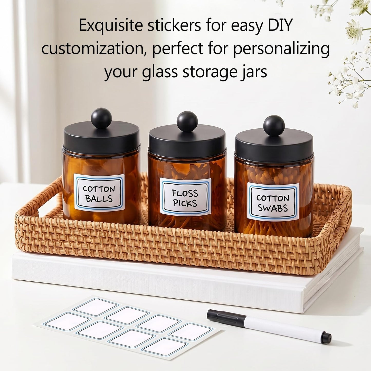 Accguan Amber Apothecary Jars Bathroom Vanity Storage Organizer Set, 6 Pack with Black Stainless Steel Lids and Labels, Qtip Dispenser Holder for Cotton Swabs, Cotton Balls, Makeup Sponges