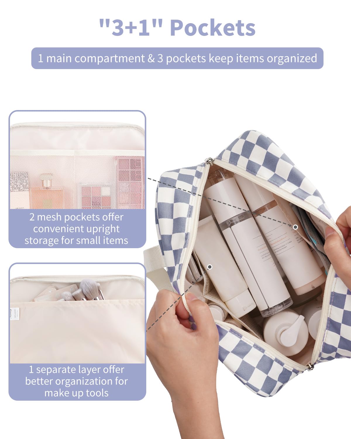 Narwey Large Toiletry Bag Women Large Cosmetic Bag Travel Makeup Bag Organizer Medicine Bag for Toiletries Essentials Accessories (Grayish Blue Checkerboard)