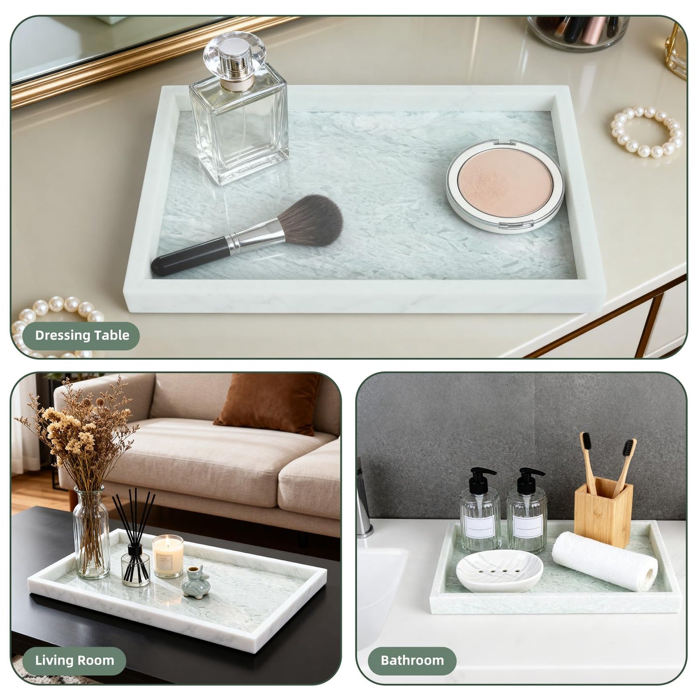 Yew & Tulip Natural Marble Vanity Tray, Luxury Stone with Light Green Textures Serving Tray for Bathroom, Kitchen, Vanity, Home Decor, Wedding etc. (12" x 8" x 1.2")