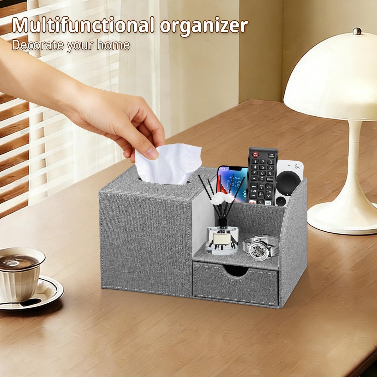 Nightstand Organizer with Tissue Holder,PU Leather Square Tissue Box Cover,Modern Facial Paper Organizer Storage Box for Remote Control,Bathroom,Vanity Countertop,End Table Home Office.Gray